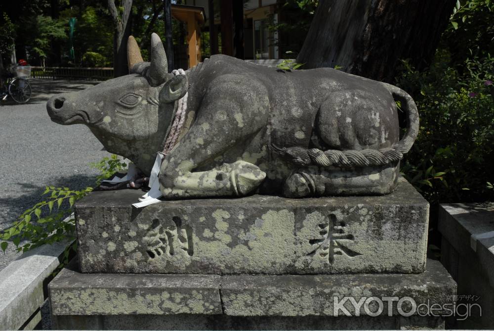 長岡天満宮　社殿前の牛の像