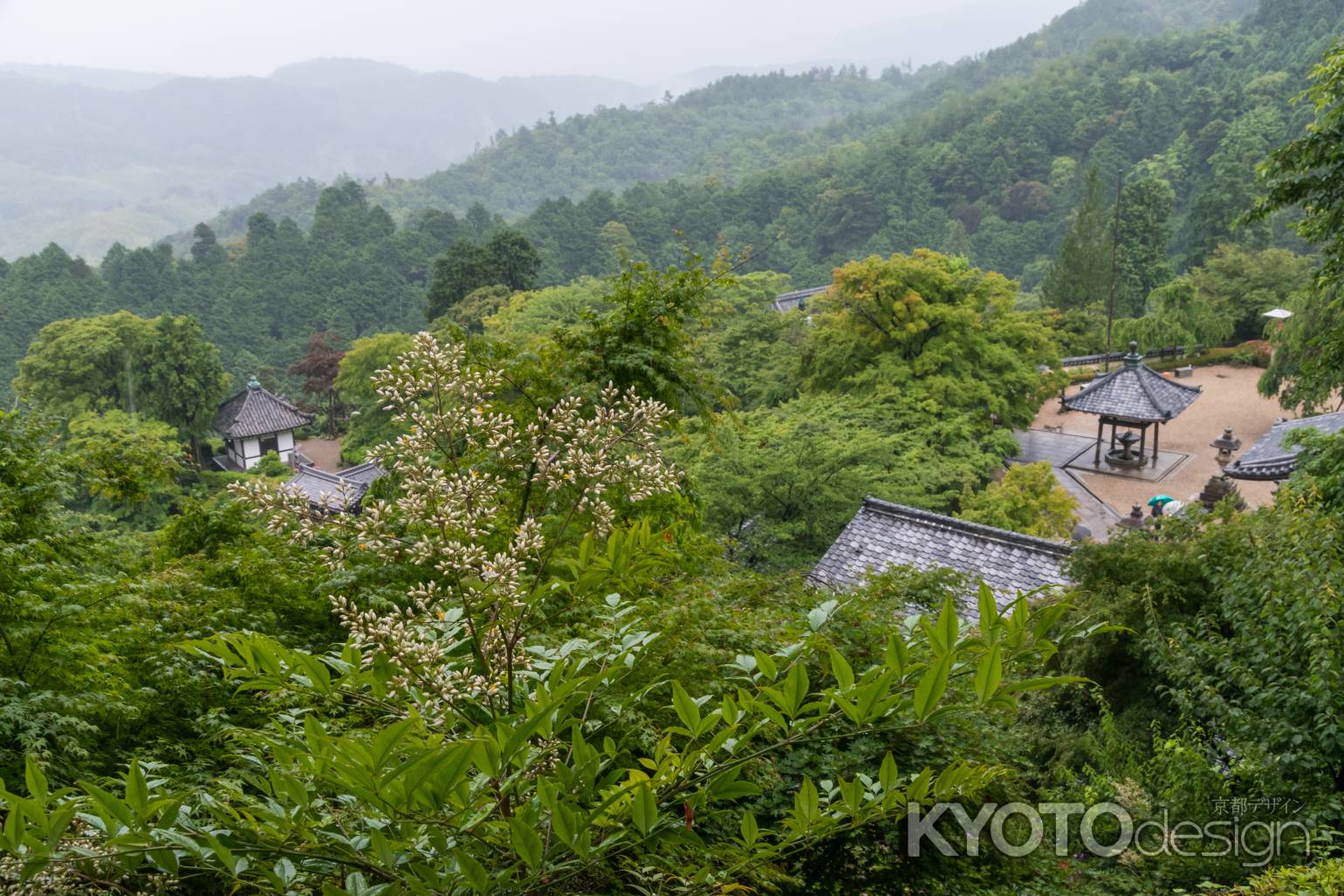 雨の善峯寺、釈迦堂、護摩堂を見下ろす