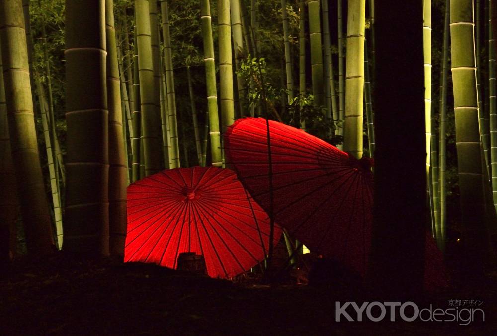 竹林と赤の番傘