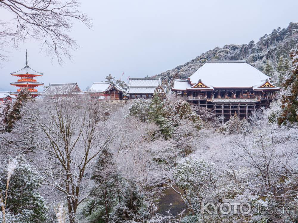 雪化粧の清水寺本堂と三重塔