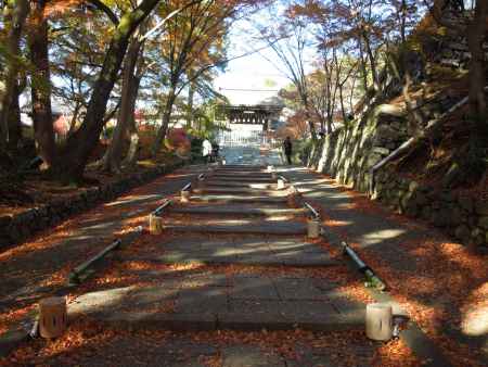 毘沙門堂の勅使門の石段は秋本番