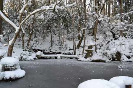 三千院　雪の庭園と池