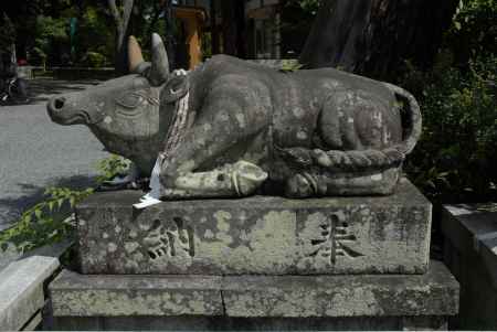 長岡天満宮　社殿前の牛の像