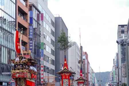 ビル街を行く鉾や山